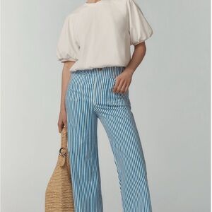 Anthropologie Colette Cropped Linen Pants Wide Leg Maeve Blue Stripe Size 30